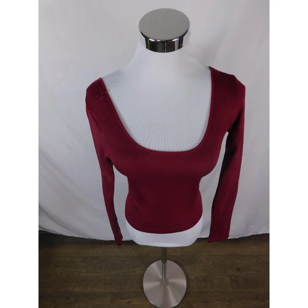 Wild Fable Burgundy Ribbed Long Sleeve Scoop Neck Crop Top S - Excellent